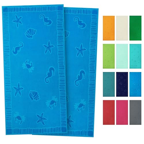 ZOLLNER Strandtuch - hautfreundliches und saugstarkes Handtuch in 100x200 cm - waschbar bis 60°C - Baumwolle in hellblau - eingewebte Meerestiermotive - Oeko Tex® Zertifiziert von ZOLLNER