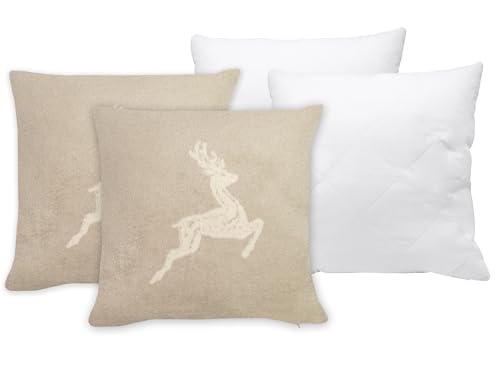 ZOLLNER 2er Set aus Kissen und Kissenbezüge in 50x50 cm - Flauschige und weiche Kissenhüllen in Taupe - Trendige Hirscheinwebung in Taupe - Mischgewebe - waschbar bis 40°C – Oeko Tex® Zertifiziert von ZOLLNER