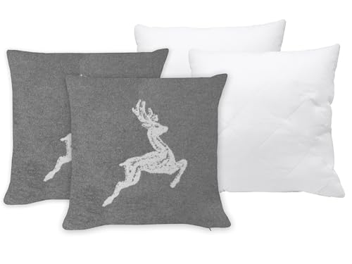 ZOLLNER 2er Set aus Kissen und Kissenbezüge in 50x50 cm - Flauschige und weiche Kissenhüllen in grau - Trendige Hirscheinwebung in grau - Mischgewebe - waschbar bis 40°C – Oeko Tex® Zertifiziert von ZOLLNER
