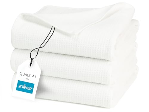 ZOLLNER 3er Set Duschtücher in 70x140 cm - langlebige Handtücher in weiß - mit praktischem Aufhänger - Zeitloses Waffelmuster - waschbar bis 95°C - Baumwolle - Hotelqualität von ZOLLNER