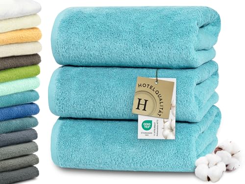 ZOLLNER 3er Set Duschtücher in 70x140 cm - besonders weiche und saugstarke Handtücher in blau - mit praktischem Aufhänger - waschbar bis 95°C - Baumwolle - Hotelqualität von ZOLLNER