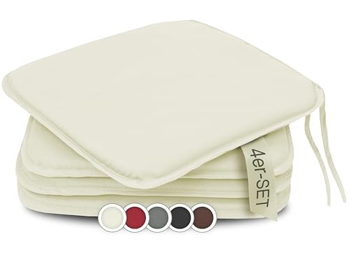 ZOLLNER 4er Set Sitzkissen in 38x38cm - gemütliche Stuhlkissen mit Bindebänder - waschbar bis 30°C - in beige - Oeko Tex® Zertifiziert von ZOLLNER