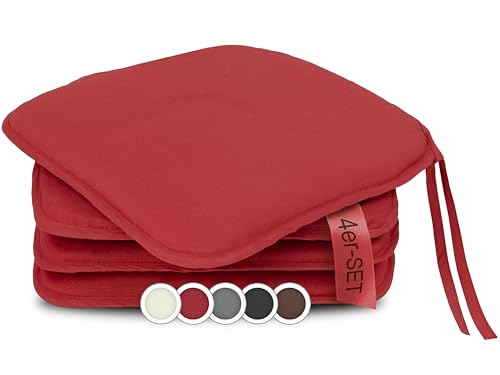 ZOLLNER 4er Set Sitzkissen in 38x38cm - gemütliche Stuhlkissen mit Bindebänder - waschbar bis 30°C - in rot - Oeko Tex® Zertifiziert von ZOLLNER