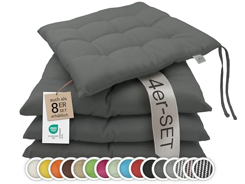 ZOLLNER 4er Set Sitzkissen in 40x40cm - gemütliche Stuhlkissen mit Bindebänder - waschbar bis 30°C - in Graphit - Oeko Tex® Zertifiziert von ZOLLNER