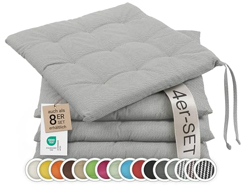 ZOLLNER 4er Set Sitzkissen in 40x40cm - gemütliche Stuhlkissen mit Bindebänder - waschbar bis 30°C - in grau weiß gestreift - Oeko Tex® Zertifiziert von ZOLLNER