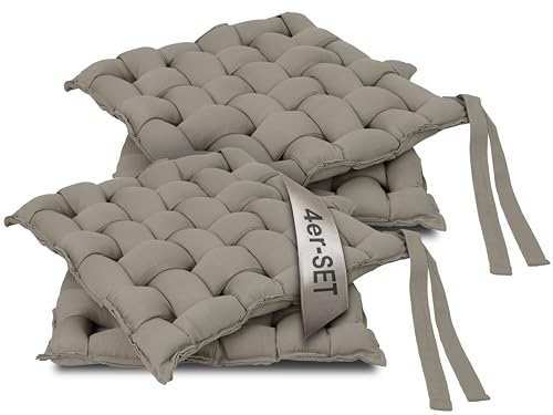 ZOLLNER 4er Set Sitzkissen in 40x40cm - gemütliche Stuhlkissen mit Bindebänder - waschbar bis 30°C - in grau - Oeko Tex® Zertifiziert von ZOLLNER