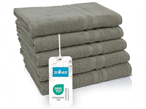 ZOLLNER 5er Set Duschtücher in 70x140 cm - Flauschige Badehandtücher aus Baumwolle - mit moderner Streifenbordüre - bis 60°C waschbar - mit praktischem Aufhänger - in Taupe - Hotelqualität von ZOLLNER