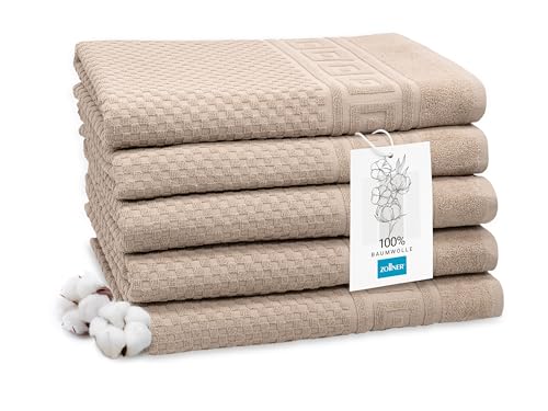 ZOLLNER 5er Set Duschtücher mit Waffelmuster - in Cappuccino - 70x140 cm - Baumwolle - mit praktischem Aufhänger - waschbar bis 60°C - Hotelqualität - Oeko Tex® Zertifiziert von ZOLLNER