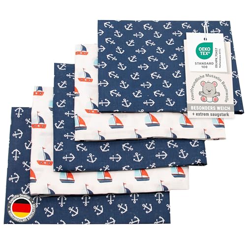 ZOLLNER 5er Set Musselin Spucktücher in 80x80 cm aus Baumwolle - weiche und hautfreundliche Mulltücher in weiß und blau - mit Geschenkbox - waschbar bis 60°C - Oeko Tex® Zertifiziert von ZOLLNER