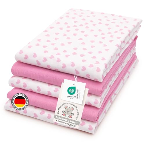 ZOLLNER 5er Set Musselin Spucktücher in 80x80 cm aus Baumwolle - weiche und hautfreundliche Mulltücher in weiß und rosa - mit Geschenkbox - waschbar bis 60°C - Oeko Tex® Zertifiziert von ZOLLNER
