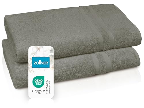 ZOLLNER 2er Set Saunatücher in 70x180 cm - Flauschige Handtücher aus Baumwolle - mit moderner Streifenbordüre - bis 60°C waschbar - mit praktischem Aufhänger - in Taupe - Hotelqualität von ZOLLNER