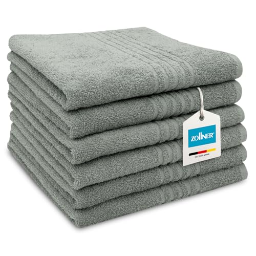 ZOLLNER 6er Set Handtücher in 50x70 cm - saugstarke Duschtücher in grau - mit praktischem Aufhänger - mit modernen Tiefgangstreifen - waschbar bis 60°C - Baumwolle - Hotelqualität von ZOLLNER