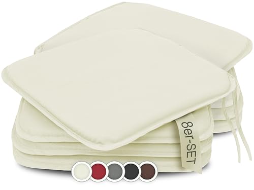 ZOLLNER 8er Set Sitzkissen in 38x38cm - gemütliche Stuhlkissen mit Bindebänder - waschbar bis 30°C - in Creme - Oeko Tex® Zertifiziert von ZOLLNER