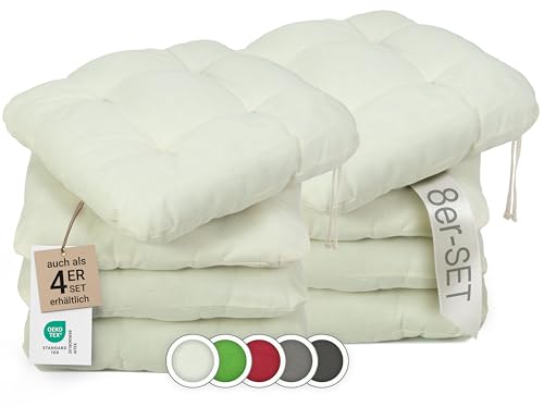 ZOLLNER 8er Set Sitzkissen in 38x38cm - gemütliche Stuhlkissen mit Bindebänder - waschbar bis 30°C - in Creme - Oeko Tex® Zertifiziert von ZOLLNER