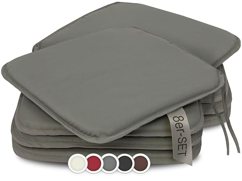 ZOLLNER 8er Set Sitzkissen in 38x38cm - gemütliche Stuhlkissen mit Bindebänder - waschbar bis 30°C - in grau - Oeko Tex® Zertifiziert von ZOLLNER