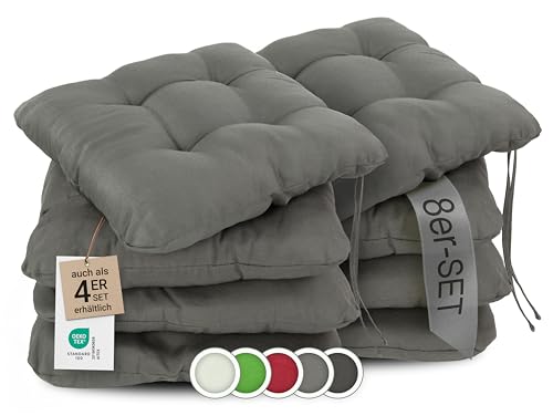 ZOLLNER 8er Set Sitzkissen in 38x38cm - gemütliche Stuhlkissen mit Bindebänder - waschbar bis 30°C - in grau - Oeko Tex® Zertifiziert von ZOLLNER