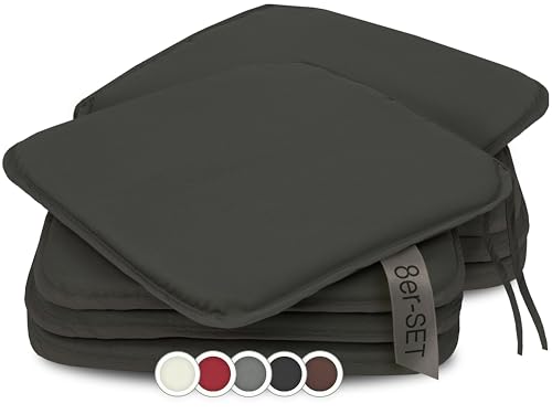 ZOLLNER 8er Set Sitzkissen in 38x38cm - gemütliche Stuhlkissen mit Bindebänder - waschbar bis 30°C - in grau - Oeko Tex® Zertifiziert von ZOLLNER