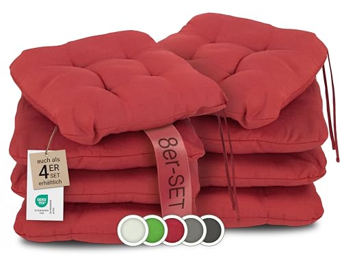 ZOLLNER 8er Set Sitzkissen in 38x38cm - gemütliche Stuhlkissen mit Bindebänder - waschbar bis 30°C - in rot - Oeko Tex® Zertifiziert von ZOLLNER