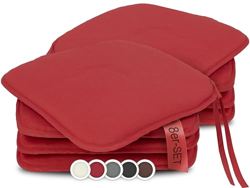 ZOLLNER 8er Set Sitzkissen in 38x38cm - gemütliche Stuhlkissen mit Bindebänder - waschbar bis 30°C - in rot - Oeko Tex® Zertifiziert von ZOLLNER