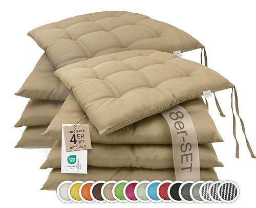 ZOLLNER 8er Set Sitzkissen in 40x40cm - gemütliche Stuhlkissen mit Bindebänder - waschbar bis 30°C - in Sand - Oeko Tex® Zertifiziert von ZOLLNER