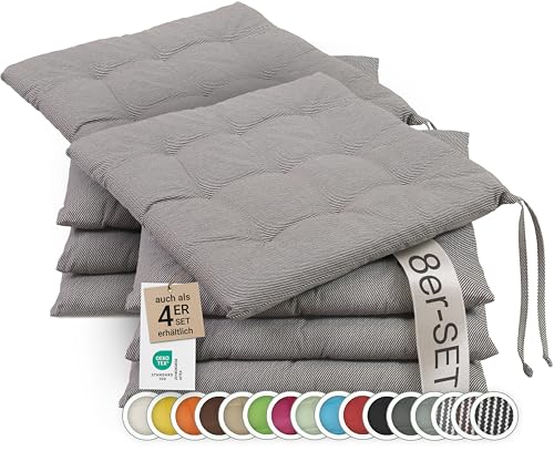 ZOLLNER 8er Set Sitzkissen in 40x40cm - gemütliche Stuhlkissen mit Bindebänder - waschbar bis 30°C - in braun-weiß-gestreift - Oeko Tex® Zertifiziert von ZOLLNER