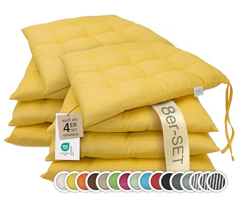 ZOLLNER 8er Set Sitzkissen in 40x40cm - gemütliche Stuhlkissen mit Bindebänder - waschbar bis 30°C - in gelb - Oeko Tex® Zertifiziert von ZOLLNER