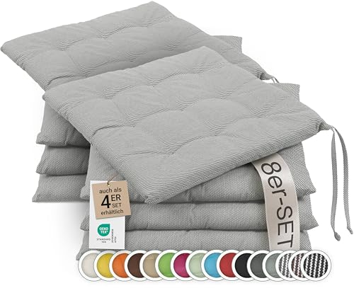 ZOLLNER 8er Set Sitzkissen in 40x40cm - gemütliche Stuhlkissen mit Bindebänder - waschbar bis 30°C - in grau-weiß-gestreift - Oeko Tex® Zertifiziert von ZOLLNER