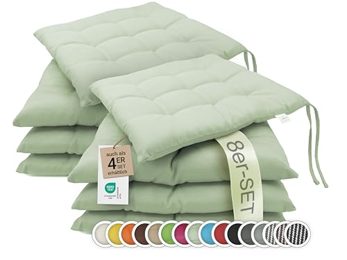 ZOLLNER 8er Set Sitzkissen in 40x40cm - gemütliche Stuhlkissen mit Bindebänder - waschbar bis 30°C - in lindgrün - Oeko Tex® Zertifiziert von ZOLLNER