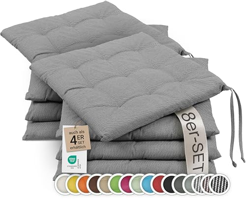 ZOLLNER 8er Set Sitzkissen in 40x40cm - gemütliche Stuhlkissen mit Bindebänder - waschbar bis 30°C - in schwarz-weiß-gestreift - Oeko Tex® Zertifiziert von ZOLLNER
