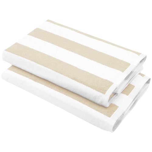 ZOLLNER 2er Set Strandtücher - strapazierfähige und saugstarke Badetücher in 70x180 cm - waschbar bis 95°C - Baumwolle - Zeitloses Streifenmuster in beige - Oeko Tex® Zertifiziert von ZOLLNER
