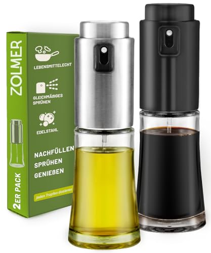 ZOLMER Ölsprüher für Speiseöl 2er Set – ölspray für heißluftfritteuse, Küche, Kochen & Grill – öl sprühflasche glas und Edelstahl – BPA-frei, nachfüllbar, fein sprühend von ZOLMER