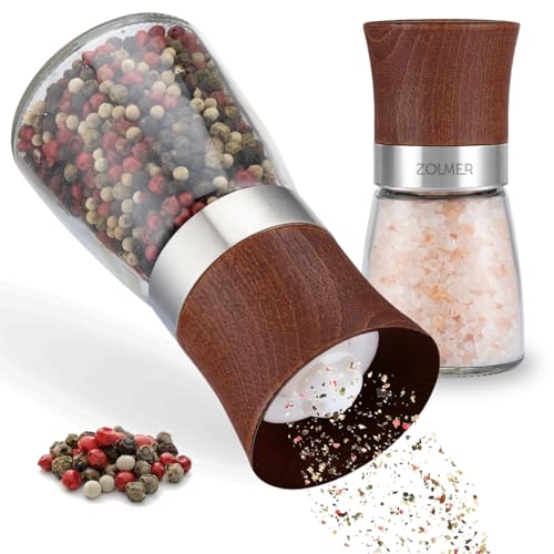 Zolmer® Salz und Pfeffermühle Holzoptik 2er Set – Pfeffermühle Holz groß mit Keramikmahlwerk – Nachfüllbarer Salzstreuer aus Glas ＆ Holz, manuell einstellbar von ZOLMER