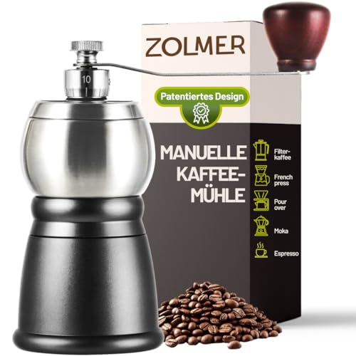 Zolmer Kaffeemühle Manuell – Handkaffeemühle mit Edelstahlmahlwerk, Einstellbare Mahlgrade für Espresso, Filterkaffee & Moka – Kompakte und Robuste Manual Coffee Grinder von ZOLMER