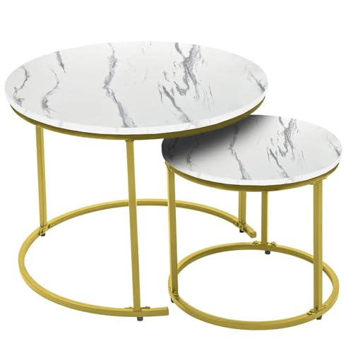 ZOLTA 2er Set Couchtische Rund Industrial Loft Beistelltisch Ø60cm & Ø40cm Wohnzimmer Tisch MDF Metall Nesting Tables modern platzsparend stabil Wohnzimmertische Design weiß Gold Marmor von ZOLTA