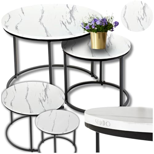 ZOLTA 2er Set Couchtische Rund Industrial Loft Beistelltisch Ø60cm & Ø40cm Wohnzimmer Tisch MDF Metall Nesting Tables modern platzsparend stabil Wohnzimmertische Design weiß schwarz Marmor von ZOLTA