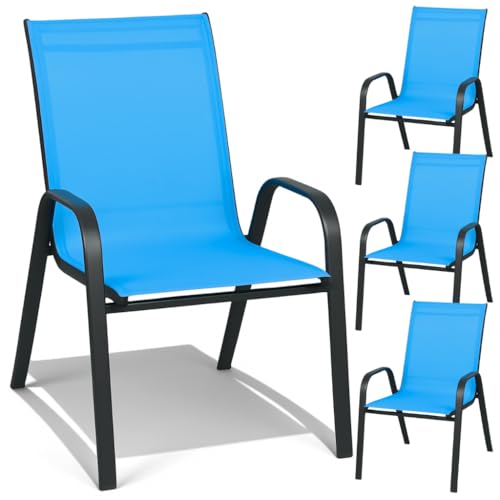 ZOLTA 4X Gartenstuhl Metall Blau – Outdoor Stuhl Balkon Terrasse – Textilen Stoff stapelbar – Gartenmöbel Set mit Armlehne – wetterfest UV-beständig – ergonomisch & bequem – max. 120 kg Belastung von ZOLTA