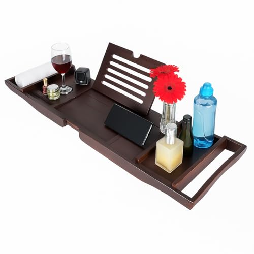 ZOLTA Badewannenablage - Badewannenbrett mit Tablet- oder Buchhalterung - Badewannentablett mit Halterung für Weingläser & Becher - Home Wellness - Badewannenablage aus Bambus Holz - 75-110 x 23 cm von ZOLTA