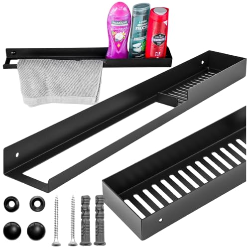 ZOLTA Duschregal Wandregal Badezimmer weiß 60 cm Stahl rostfrei mit Handtuchhalter perforierte Ablage Wandmontage Ablage für Shampoo Duschgel Seifen Badregal modern langlebig hygienisch Schwarz von ZOLTA