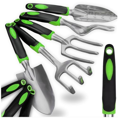 ZOLTA Gartengeräte Set 5-teilig Gartenwerkzeug Set Schaufel Harke Handrechen Unkrautstecher ergonomisch Metall grün schwarz robust langlebig Geschenk für Hobbygärtner Gartenarbeit Pflanzen von ZOLTA