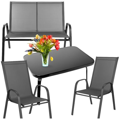 ZOLTA Gartenmöbel Set Tisch Sofa 2 Stuhl aus Metall Textilene mit Glasplatte Wetterfest Balkon Terrassenmöbel Sitzgruppe Outdoor Lounge Gartenmöbelset für 4 Personen Modern Stabil Bequem Stap Grau von ZOLTA