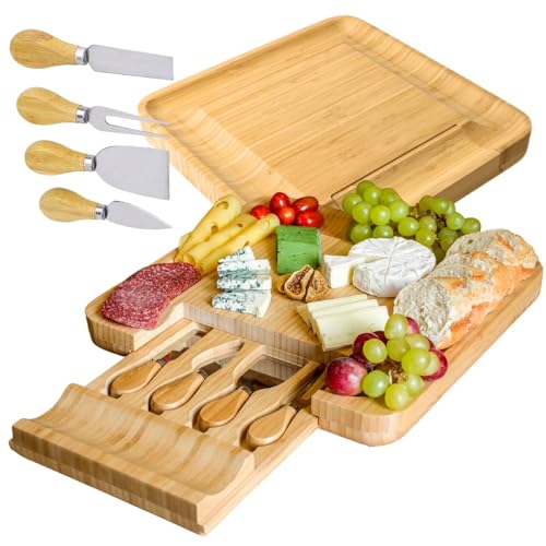 ZOLTA Käsebrett mit Käsemesser Set - Bambus Käseplatte - Servierplatte - Serviertablett für Weincracker - Cheese Board Charcuterie Board 33x33 cm von ZOLTA