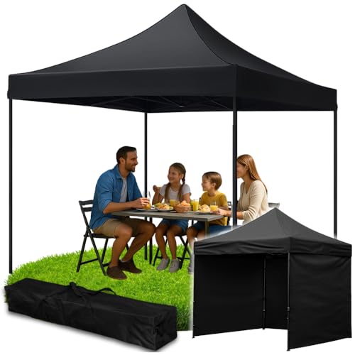 ZOLTA Pavillon 3x3m Schwarz Wasserdicht UV-Schutz Schnellaufbau Gartenpavillon mit 3 Seitenwänden Tragetasche Stahlgestell höhenverstellbar Oxford 420D für Markt Event Garten Camping Outdoor von ZOLTA