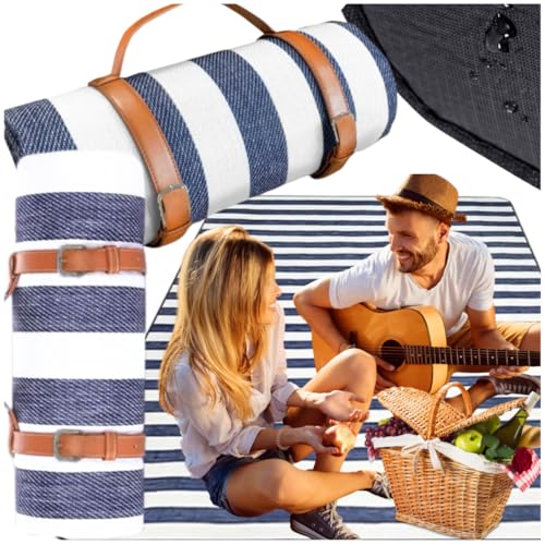 ZOLTA Picknickdecke 200x200 cm Wasserdicht Faltbar – Outdoor Stranddecke für 4–6 Personen – Isolierte XXL Decke mit Tragegriff – Streifen Marine – Leicht Kompakt – Picknickdecke mit PEVA-Unterseite von ZOLTA