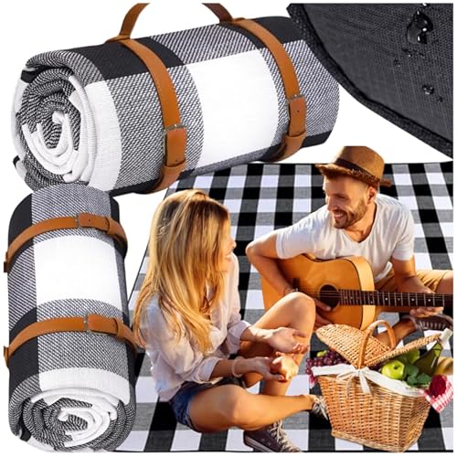 ZOLTA Picknickdecke XXL 200x200 cm wasserdicht & isoliert – Faltbare Stranddecke mit Tragegriff – Outdoor Picknick-Matte in klassischem Schwarz Karo – waschbar, windfest für Garten Strand Camping von ZOLTA
