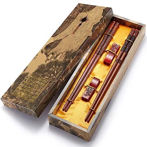 Essstäbchen, wiederverwendbar, chinesischer Drache und Phönix, mit Halter und Tragetasche, traditionelles Design, 2 Paar Essstäbchen, wiederverwendbar, chinesischer Drache und Phönix, mit Halter und Tragetasche, traditionelles Design, 2 Paar von ZOMCHAIN