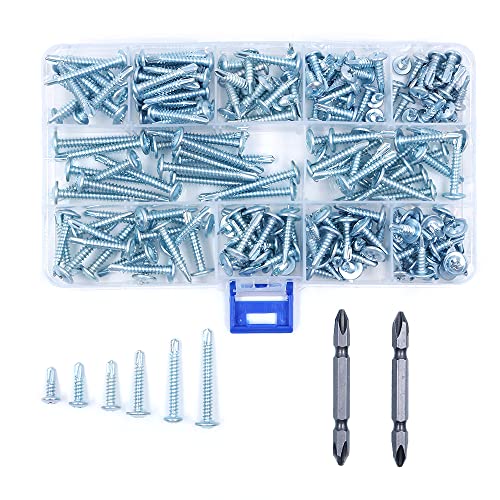 Schachtel mit 210 Stück ZONADAH M4.2 selbstbohrende Tek-Schrauben mit Schraubendreher-Bits-Kit für Metall in 11 Größen, verzinkter Flachkopf aus Kohlenstoffstahl, Flachrundkopf-Selbstbohrer von ZONADAH