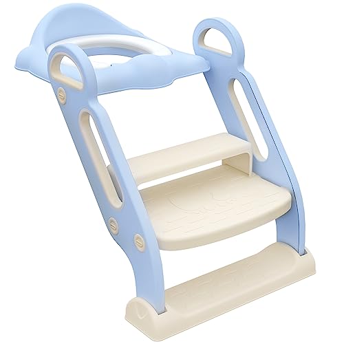 ZONEKIZ Kinder Toilettensitz, Toilettentrainer mit Treppe, Griff, klappbarer Toilettenaufsatz, Töpfchentrainer mit Toilettensitz, für 2-6 Jahre Kinder, Kunststoff, Blau von ZONEKIZ