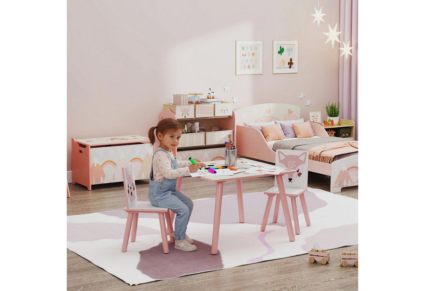 ZONEKIZ Kindersitzgruppe für Kinder von 3 bis 8 Jahren, (Kindermöbel, 3-tlg., Tische mit Stühlen für Kinder), mit Tiermustern, Rosa von ZONEKIZ
