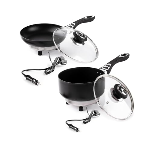 ZONETECH 12 V Bratpfanne und Kochtopf-Set mit Glasdeckeln, tragbare antihaftbeschichtete 19,1 cm Pfanne und 2 Quart Topf, kühl bleibende Griffe, schnelles Aufheizen, perfekt für Camping, Picknick und ZONETECH 12 V Bratpfanne und Kochtopf-Set mit Glasdeckeln, tragbare antihaftbeschichtete 19,1 cm Pfanne und 2 Quart Topf, kühl bleibende Griffe, schnelles Aufheizen, perfekt für Camping, Picknick und von ZONETECH