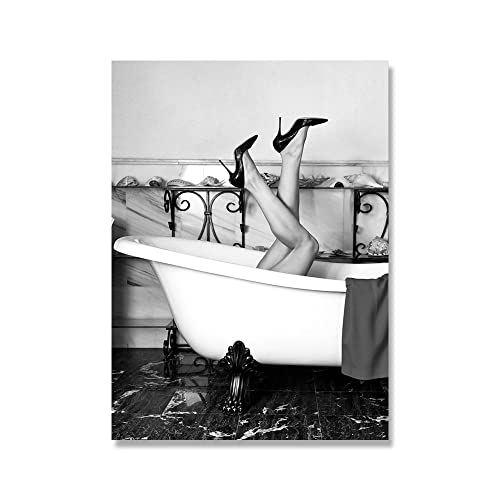 Mode Sexy Frau Beine in der Badewanne Drucken Schwarz Weiß Malerei Poster Vintage Badezimmer Wandbild for Wohnzimmer Dekor (Color : B, Size : 40x50cm No Frame) von ZONJEE